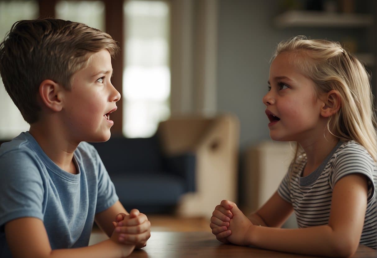 Two siblings arguing while parents divide attention. Ideal age gap between siblings