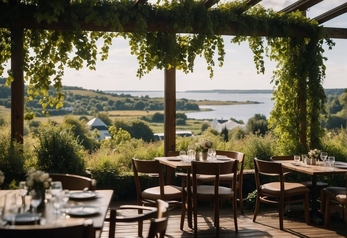 A bustling street lined with trendy new restaurants in Sjælland, with colorful outdoor seating and stylish signage. The scene is alive with people enjoying the latest culinary offerings