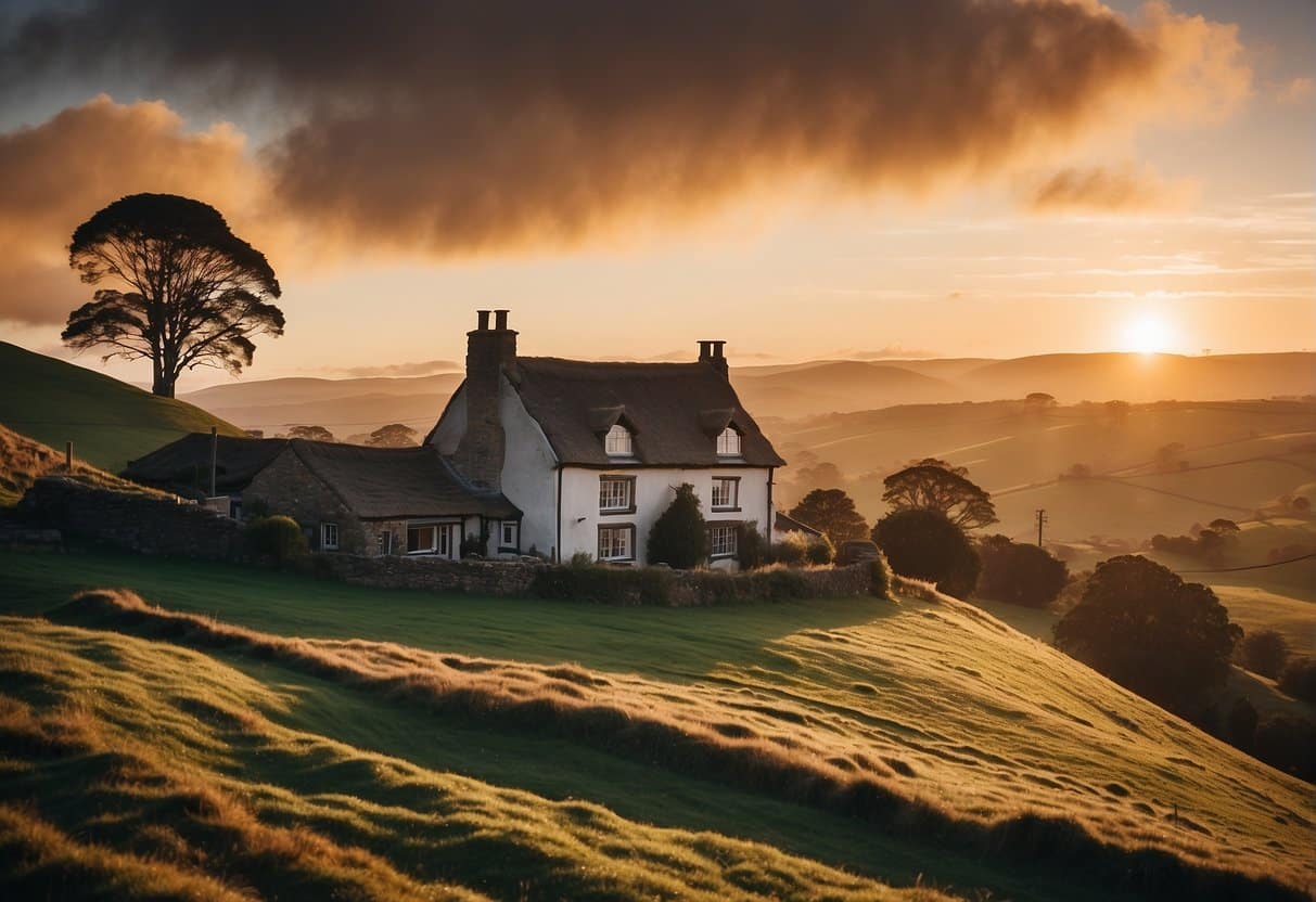 A cozy inn nestled in the rolling hills of Zealand, with a warm glow emanating from the windows and smoke rising from the chimney