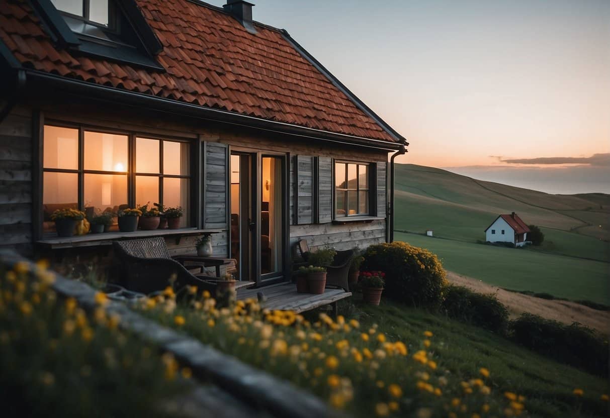 A cozy inn nestled in the rolling hills of Sjælland, with a warm glow emanating from the windows and smoke rising from the chimney