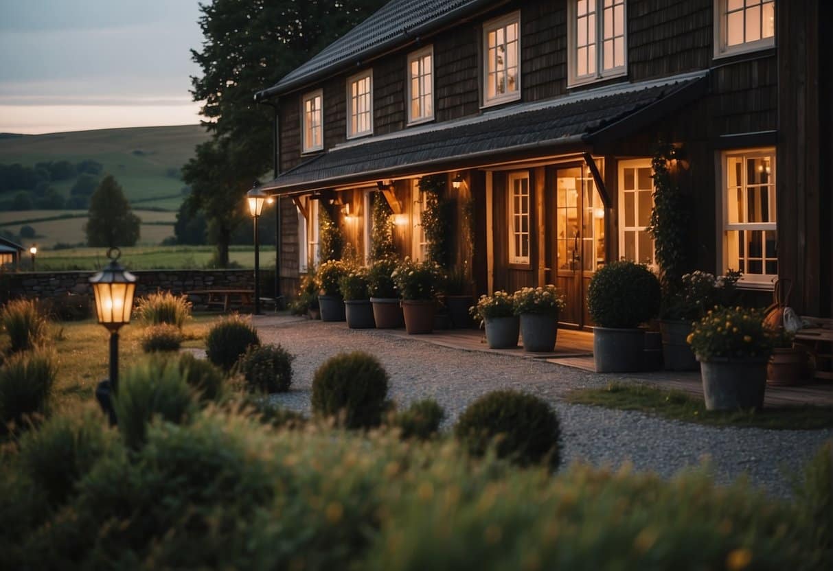 A cozy inn nestled in the rolling hills of Sjælland, with a warm glow emanating from the windows and a welcoming sign hanging above the entrance