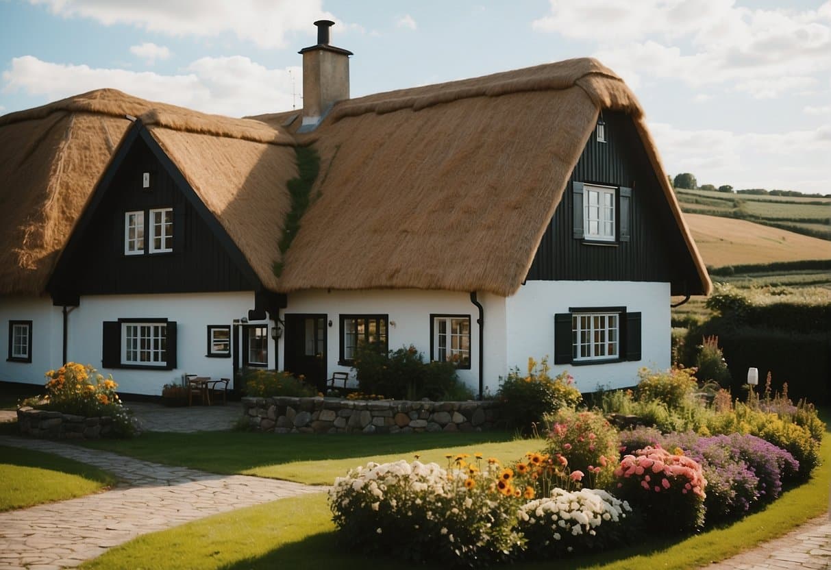 A cozy inn nestled in the Danish countryside, surrounded by rolling hills and quaint villages. The inn's traditional thatched roof and colorful flower gardens create a charming and inviting atmosphere