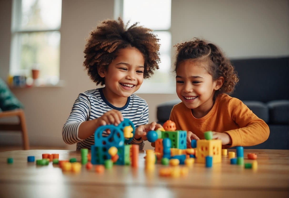 Two children playing together with a small age gap, engaged in a cooperative activity, while their parents watch and smile in the background