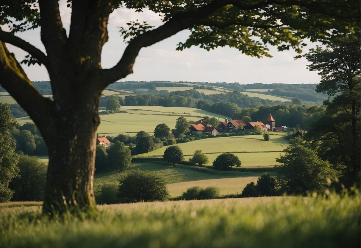 Lush green countryside with charming old inns nestled among rolling hills and forests in Sjælland, Denmark