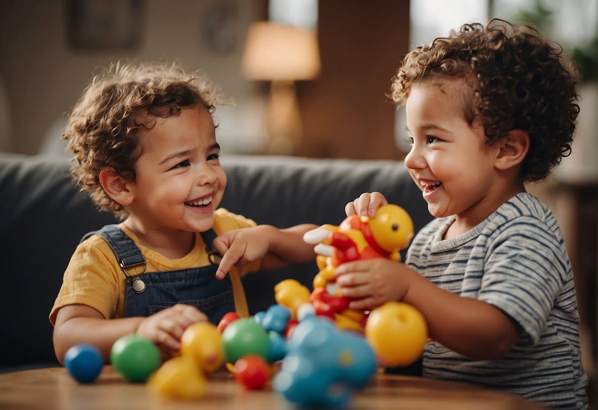 Two siblings playing together, one older and one younger, laughing and sharing toys, showing a strong bond despite their age difference