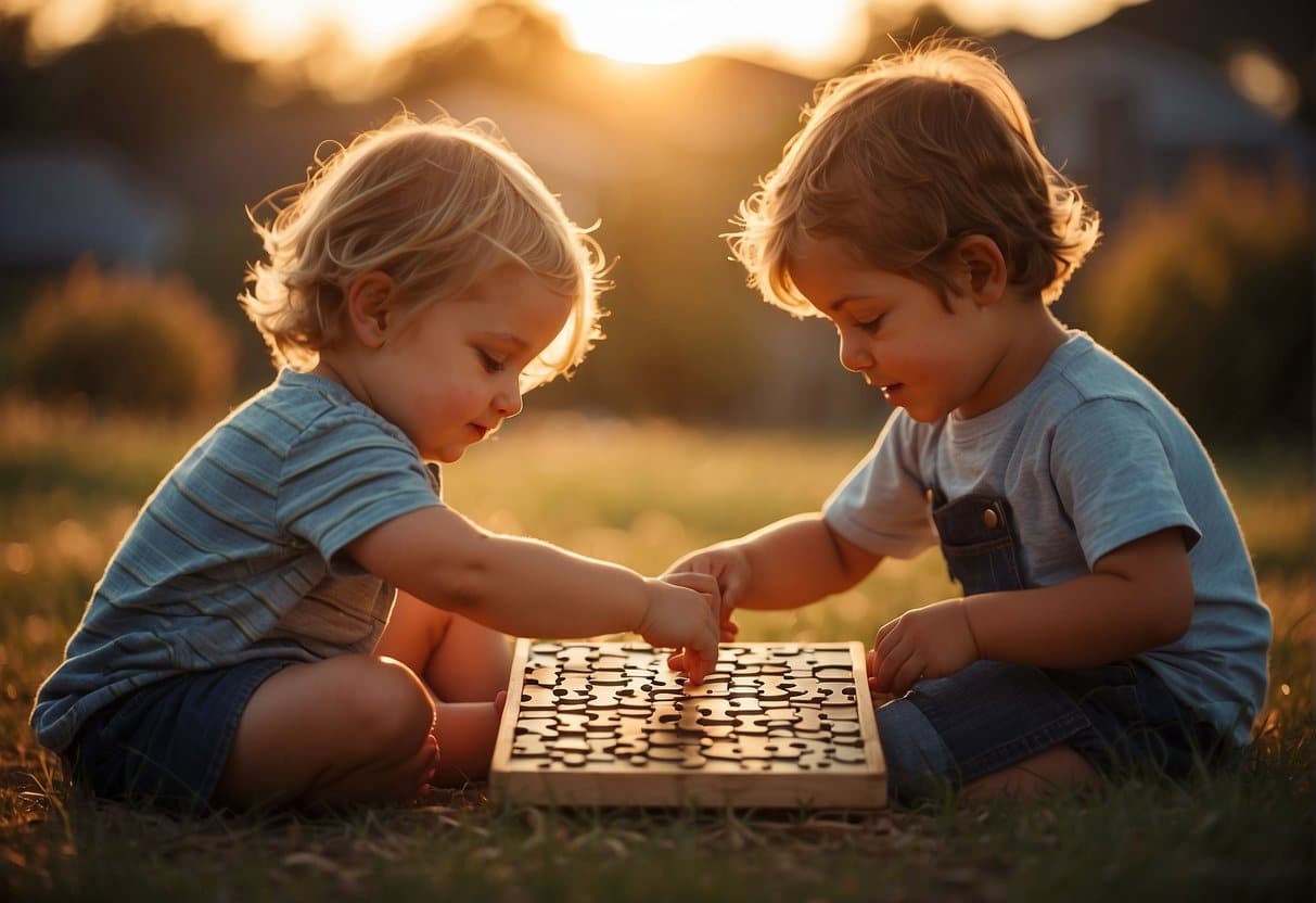 Two siblings playing together, the older one helping the younger with a puzzle. The sun is setting, casting a warm glow over the scene