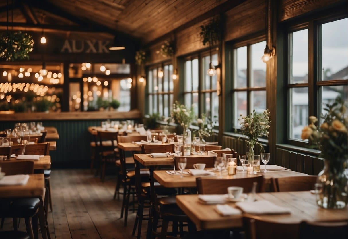 A cozy restaurant in Jylland, with warm lighting and rustic decor. Tables are adorned with fresh flowers, and the aroma of delicious food fills the air