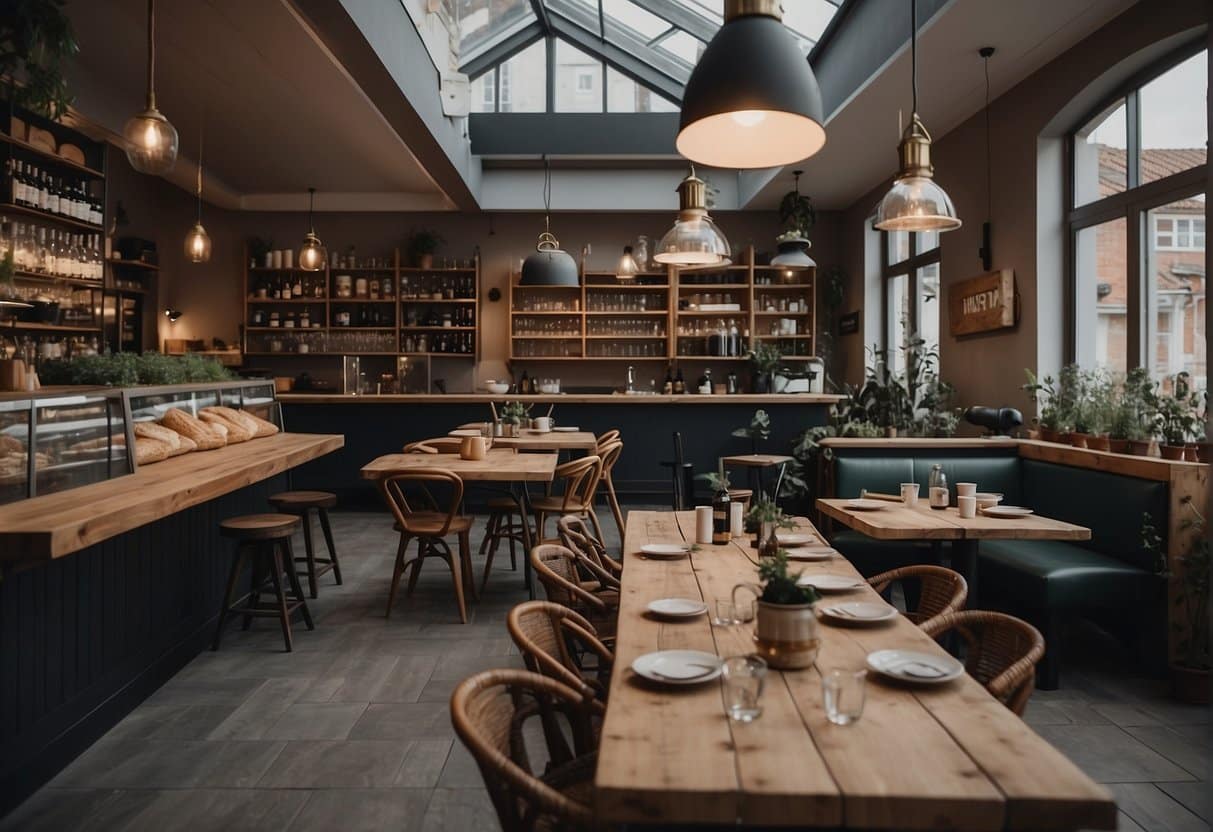 A cozy bistro in Odense, Denmark, filled with rustic wooden tables, hanging pendant lights, and shelves stocked with gourmet French delicacies