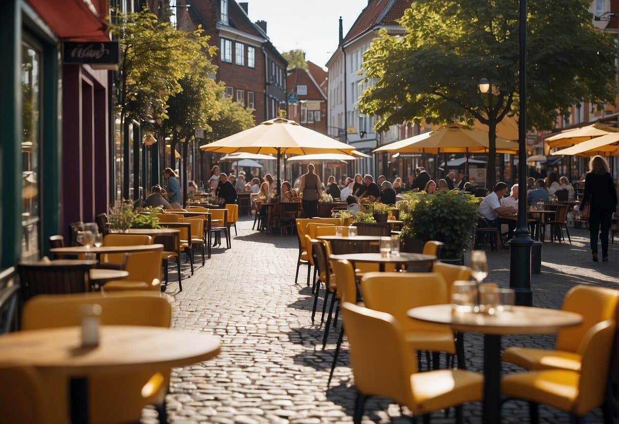 A bustling street in Odense lined with diverse restaurants and cafes, each with inviting outdoor seating and colorful signage. The aroma of various cuisines fills the air, while locals and tourists alike enjoy the vibrant dining scene