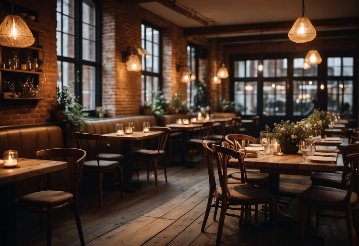 A cozy restaurant in Odense, with dim lighting and rustic decor. Tables are set with elegant tableware, and a warm glow emanates from the open kitchen