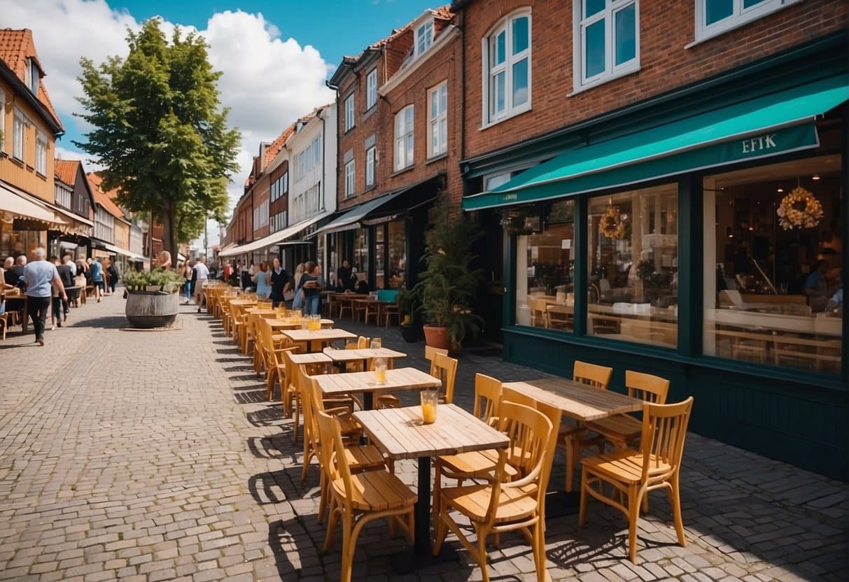 A bustling street in Odense, with colorful outdoor seating and charming storefronts, showcasing the top-rated restaurants in the city