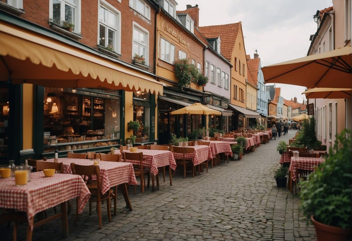 A bustling street lined with colorful Italian pizzerias and trattorias in Odense, Denmark. Outdoor seating, checkered tablecloths, and the aroma of freshly baked pizza fill the air