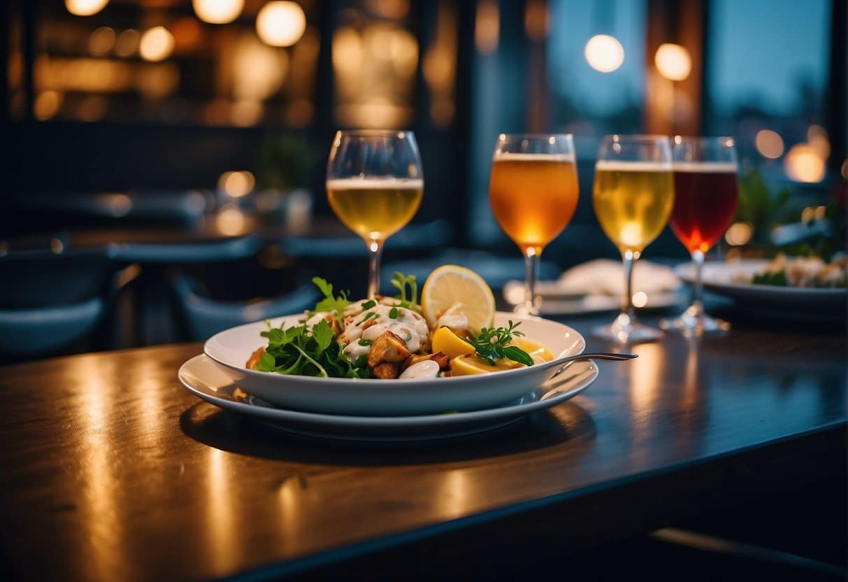 A bustling street lined with diverse restaurants in Esbjerg, Denmark. Outdoor seating, colorful signage, and delicious aromas fill the air