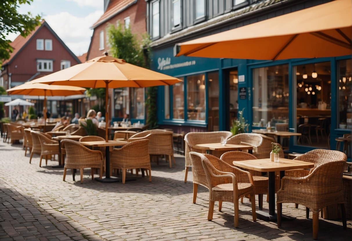 A bustling street lined with top-rated restaurants in Esbjerg, Denmark. Outdoor seating, colorful signage, and a mix of modern and traditional architecture