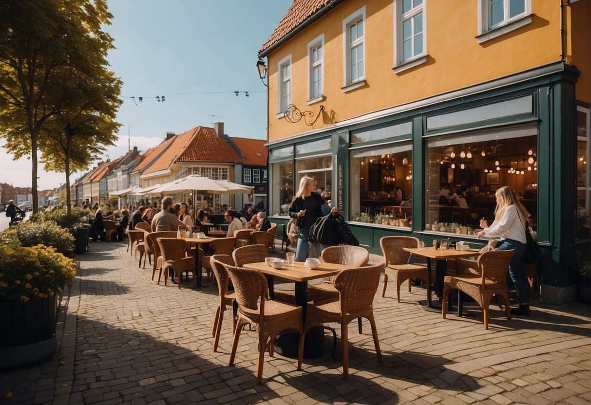 A cozy café in Esbjerg with people enjoying coffee, pastries, and conversation. Warm lighting, comfortable seating, and a welcoming atmosphere