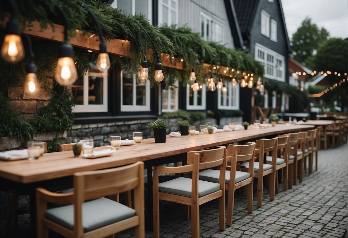 A cozy outdoor dining area with string lights, wooden tables, and greenery. A charming restaurant in Lyngby, Denmark