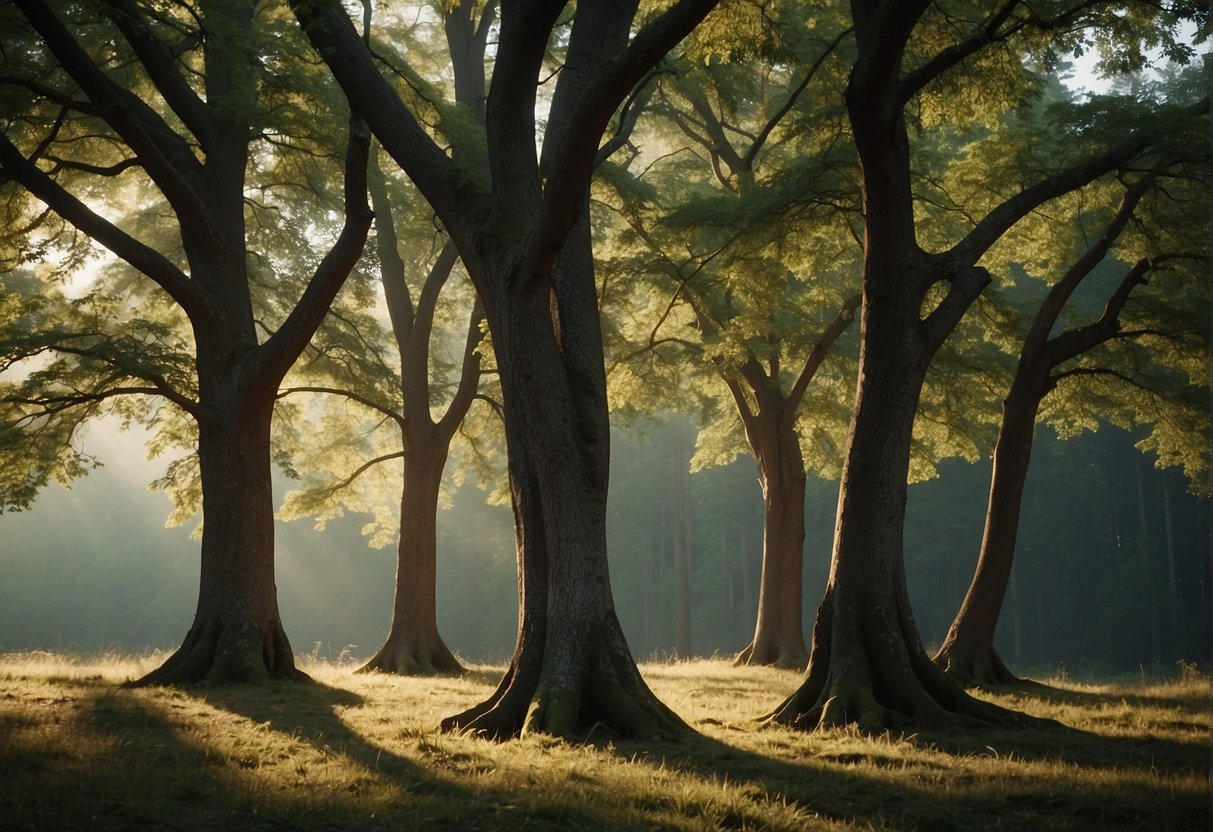 Two twin trees, one slightly taller than the other, standing side by side in a serene forest setting