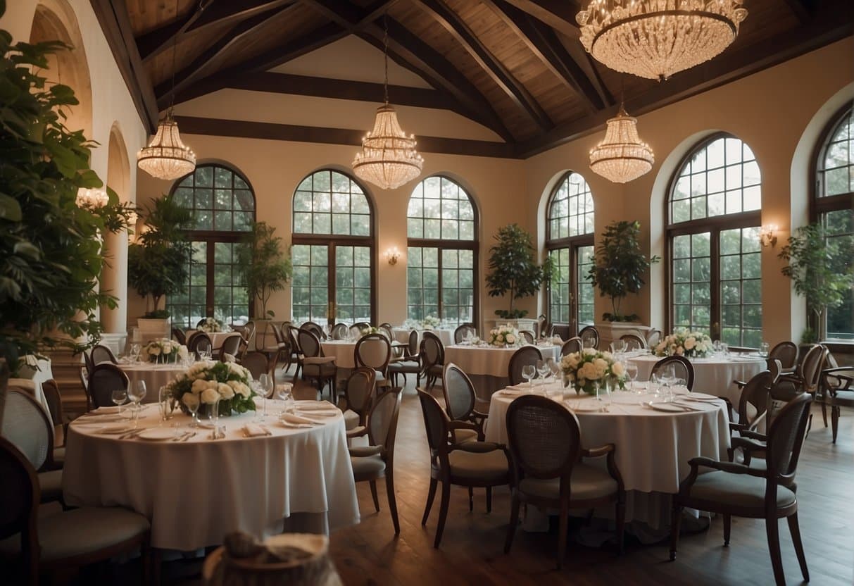 A grand dining hall with elegant tables, soft lighting, and a view of a serene garden