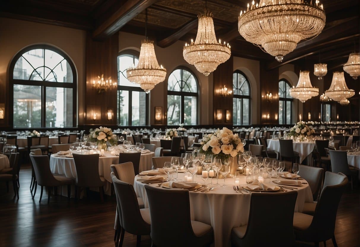 A grand dining hall filled with elegant tables and sparkling chandeliers, showcasing a prestigious award for "Best Restaurants in the World."