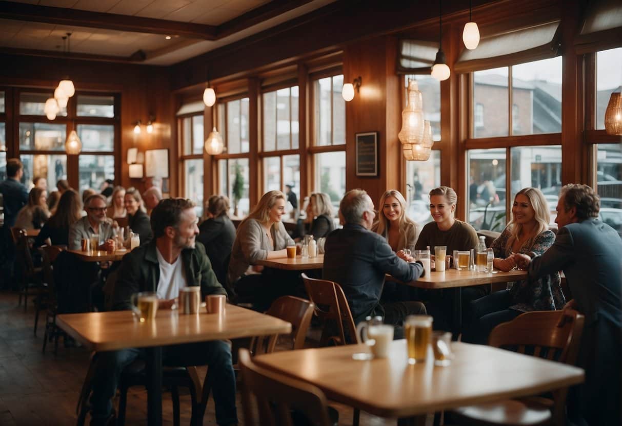 A bustling restaurant with tables filled with various drinks and people enjoying themselves in Grenaa