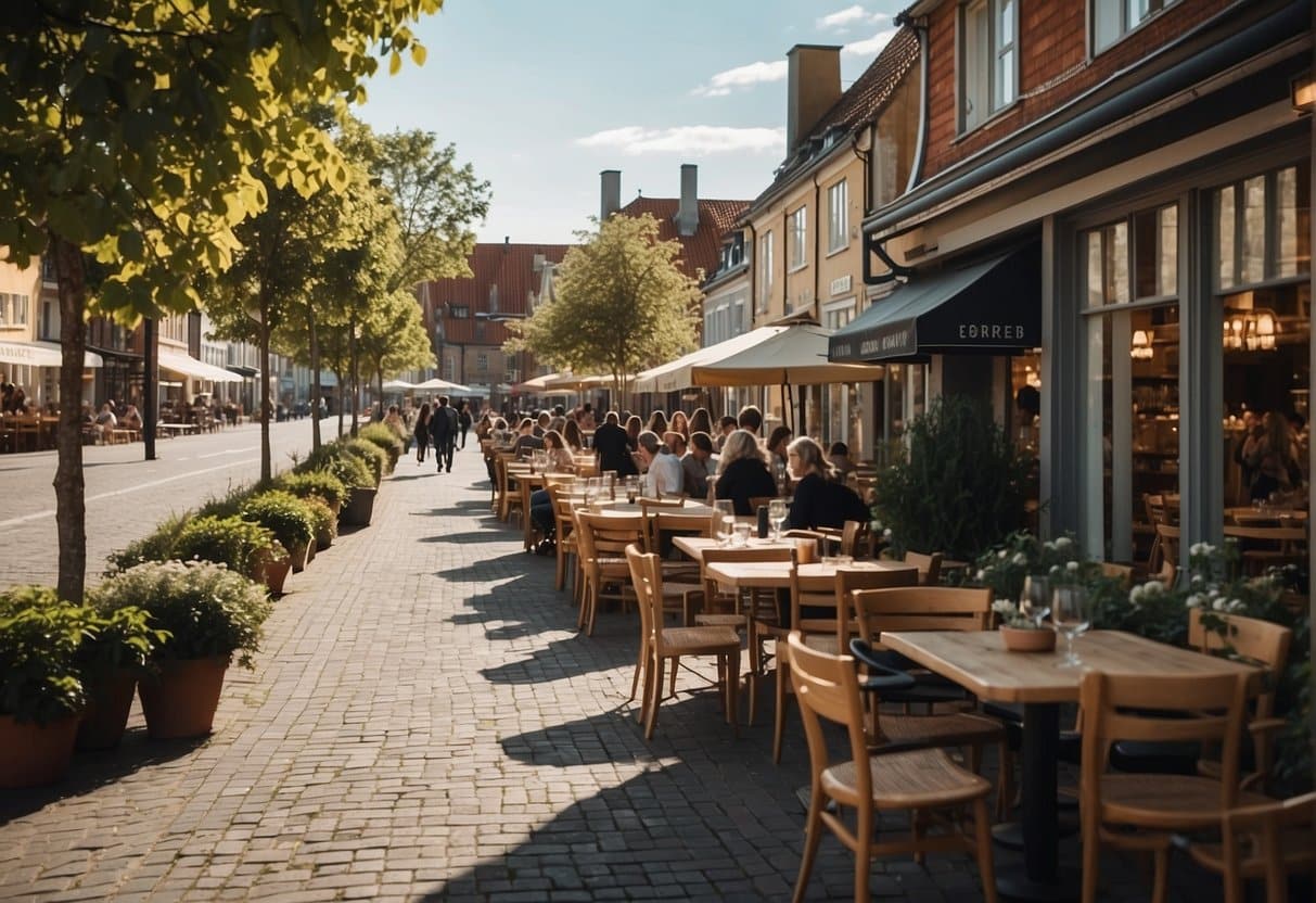 A bustling street in Grenaa, lined with charming restaurants and cafes, filled with the aroma of delicious food and the chatter of satisfied diners