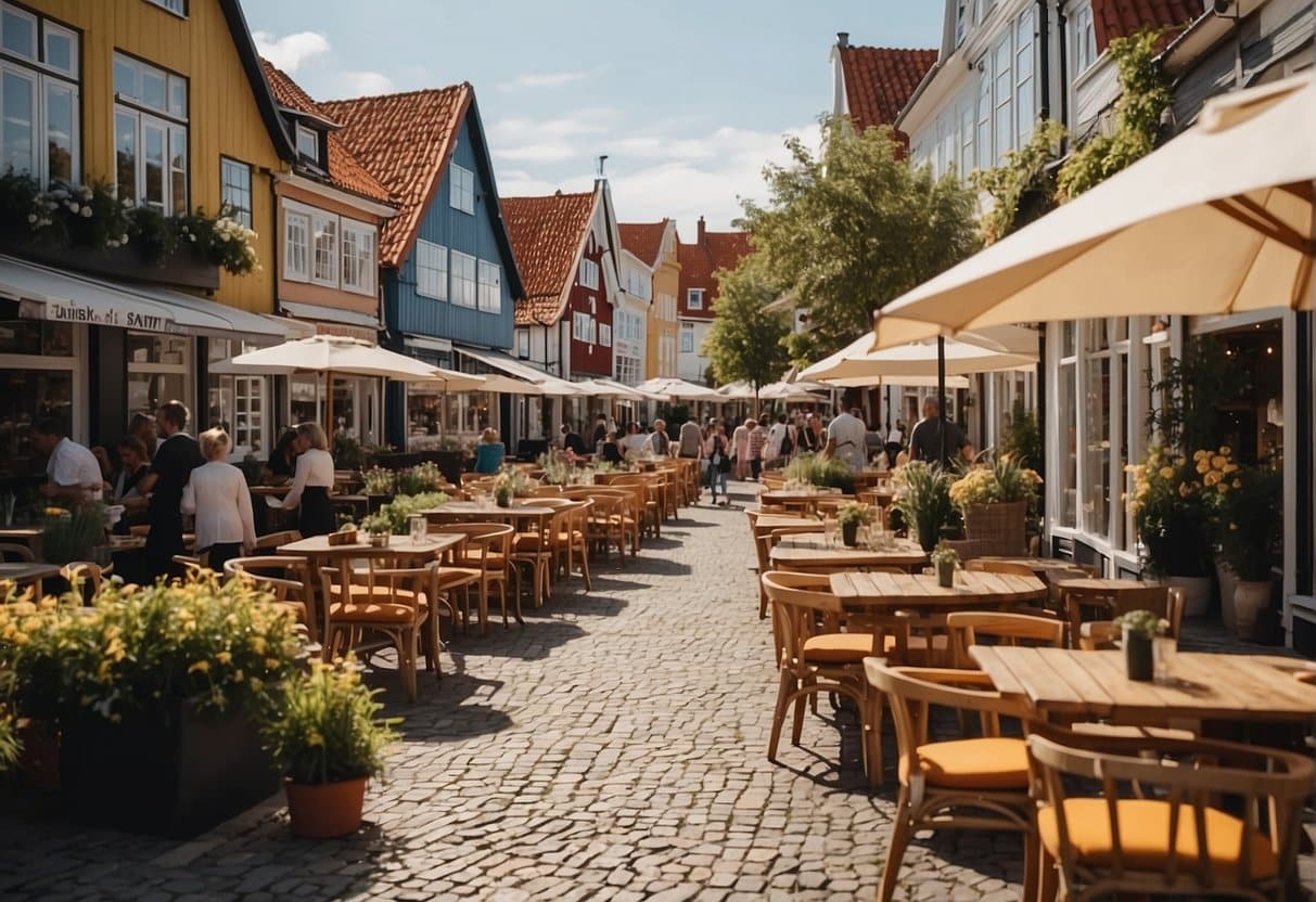 A bustling street lined with charming cafes and restaurants in Rudkøbing, with colorful outdoor seating and people enjoying delicious meals