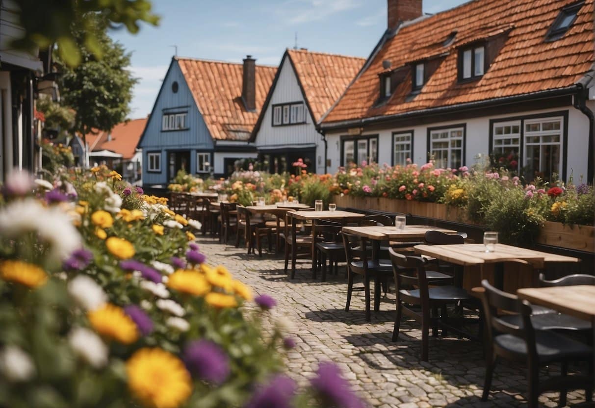 A cozy restaurant in Rudkøbing, Langeland with outdoor seating surrounded by colorful flowers and a view of the charming town