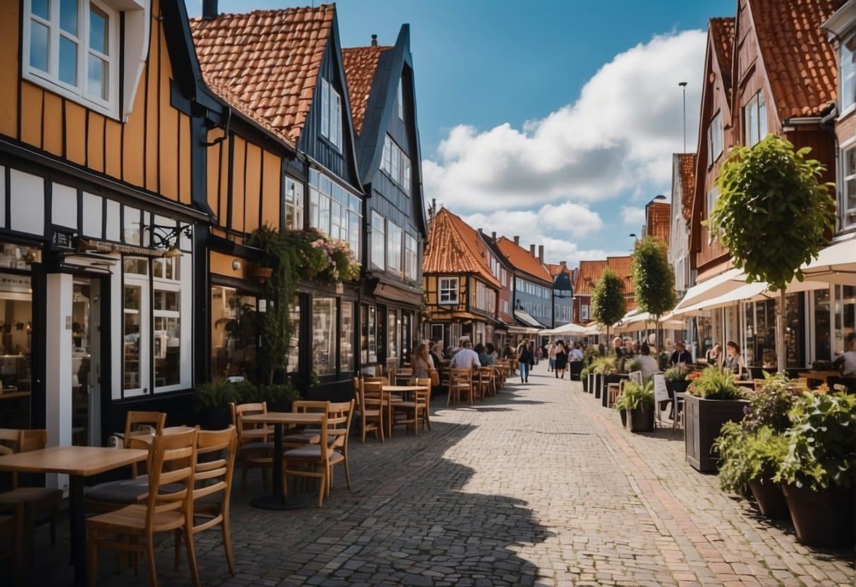 A bustling street in Rudkøbing, with colorful signs and outdoor seating. A mix of traditional and modern architecture surrounds the best restaurants, reflecting the town's diverse culinary scene