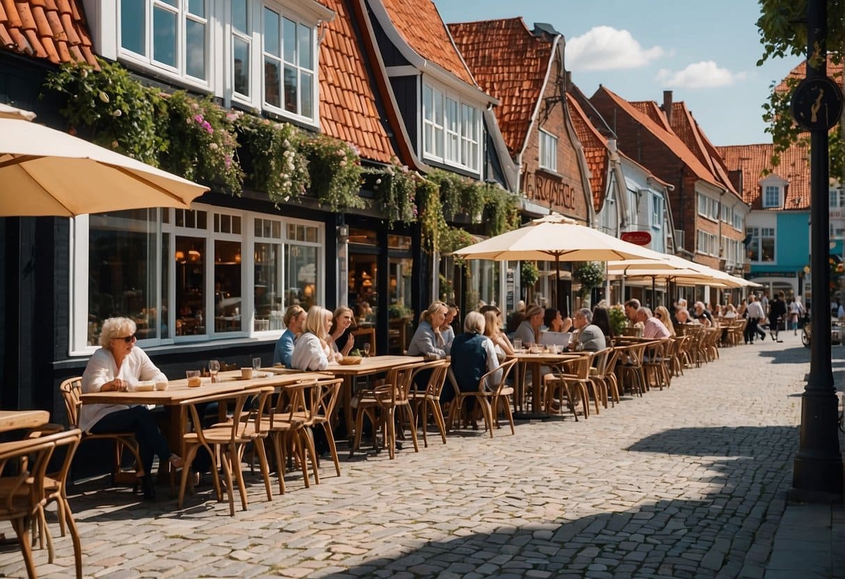 A bustling street in Rudkøbing, with colorful signs and outdoor seating at popular kitchens and restaurants