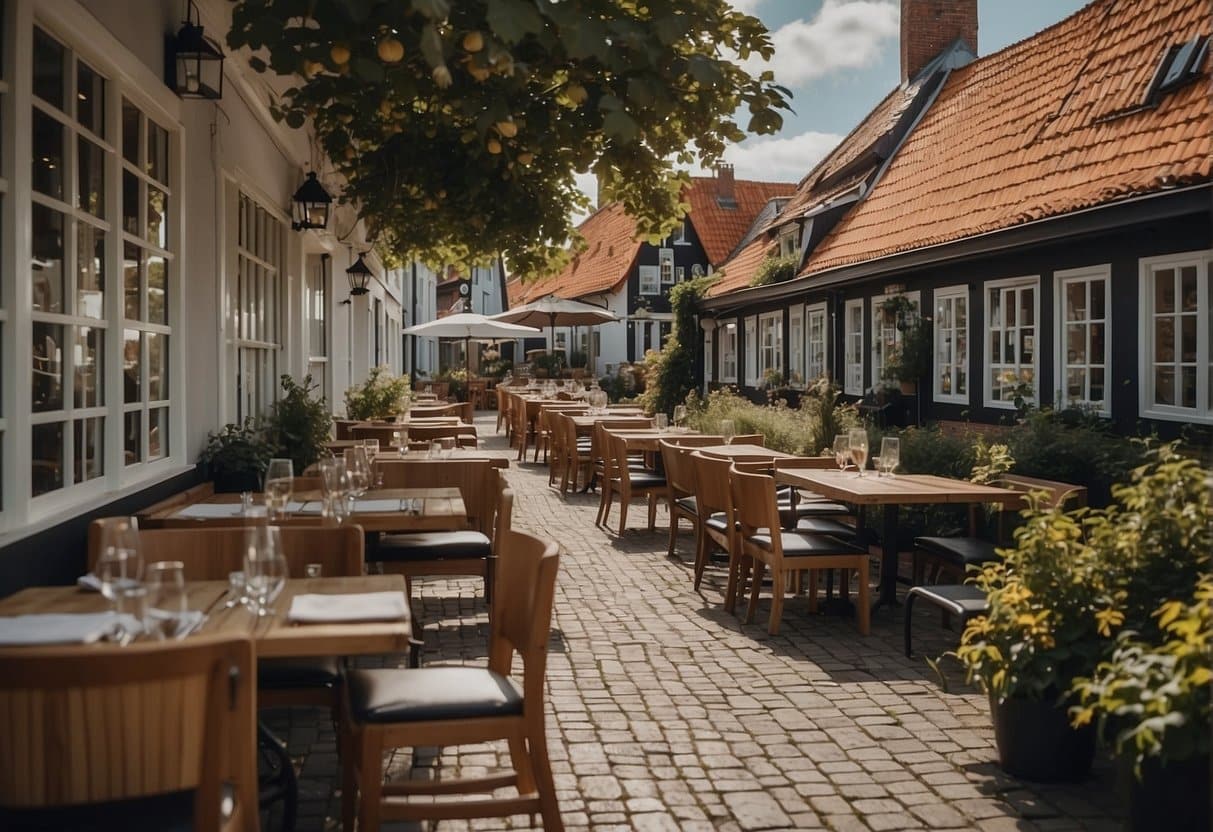 A charming hotel-restaurant combo in Rudkøbing, with cozy outdoor seating and a bustling, inviting atmosphere