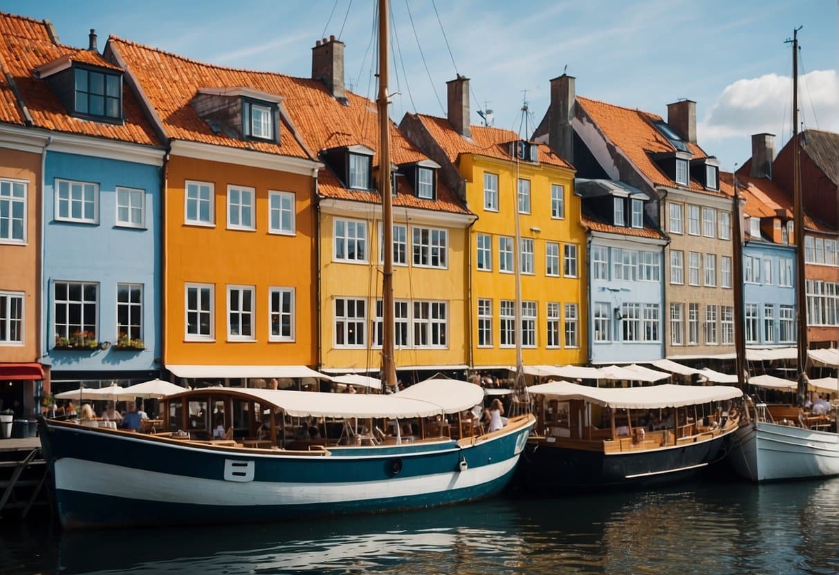 The colorful buildings of Nyhavn line the waterfront, with boats bobbing in the harbor and outdoor cafes bustling with diners