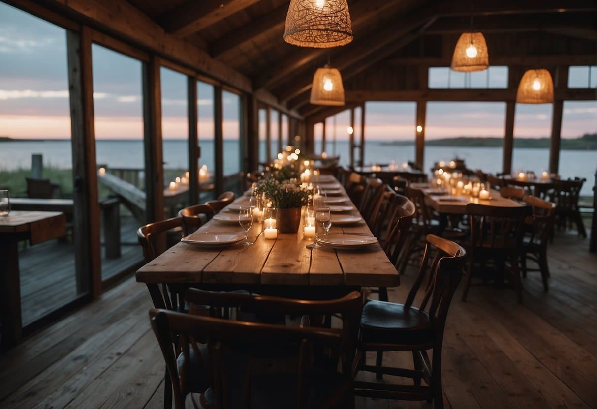 A cozy restaurant on Samsø Island with rustic wooden tables, soft candlelight, and a view of the sea