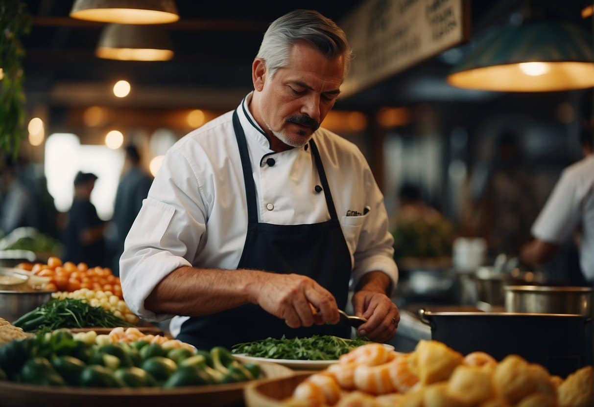 A bustling market with colorful stalls selling local produce and seafood. A chef expertly prepares a signature dish at a rustic restaurant