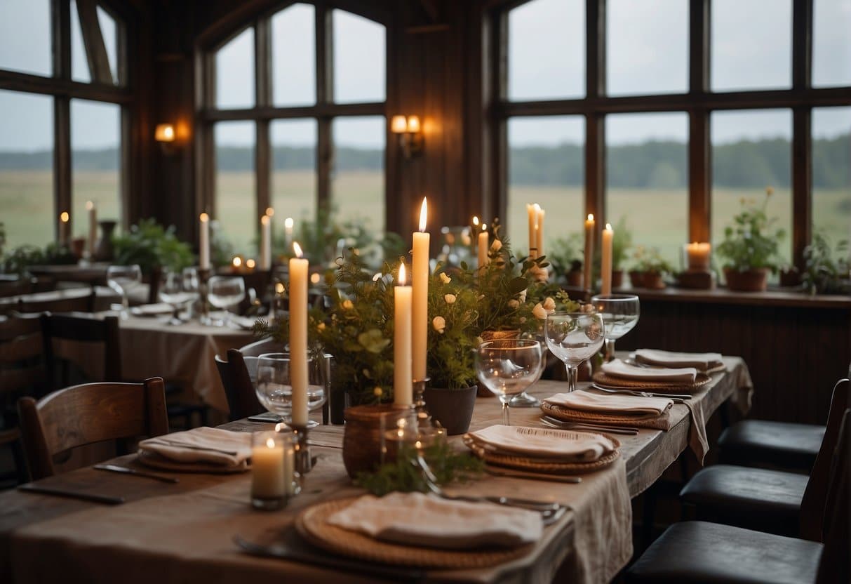 A table set with local Samsø produce, surrounded by rolling green hills and a quaint village in the background