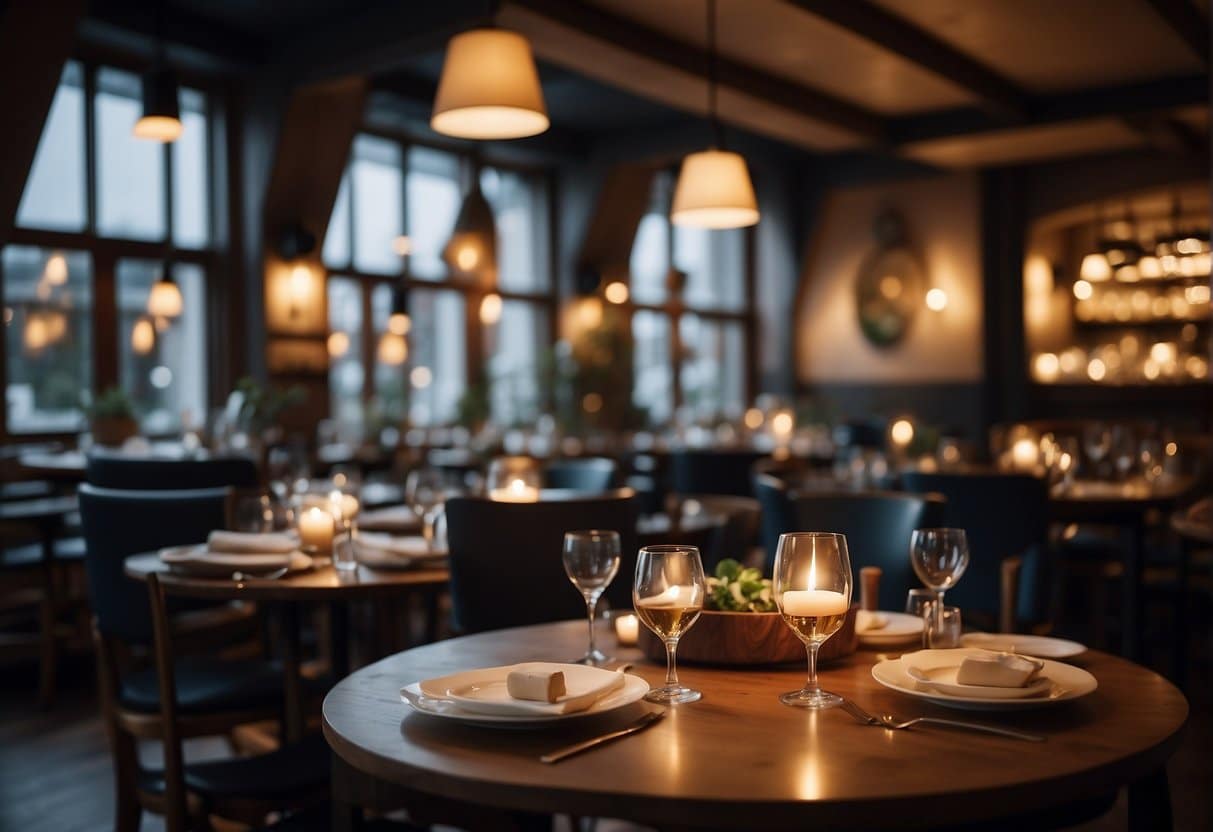 A cozy restaurant in Skælskør with warm lighting and elegant decor. Tables are set with fine dinnerware and a menu featuring a variety of delectable dishes