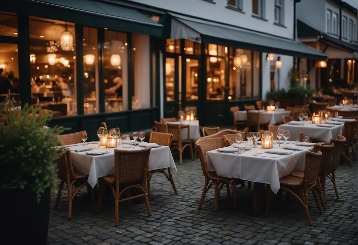 A bustling restaurant scene with elegant table settings, warm lighting, and happy diners enjoying their meals in Skælskør