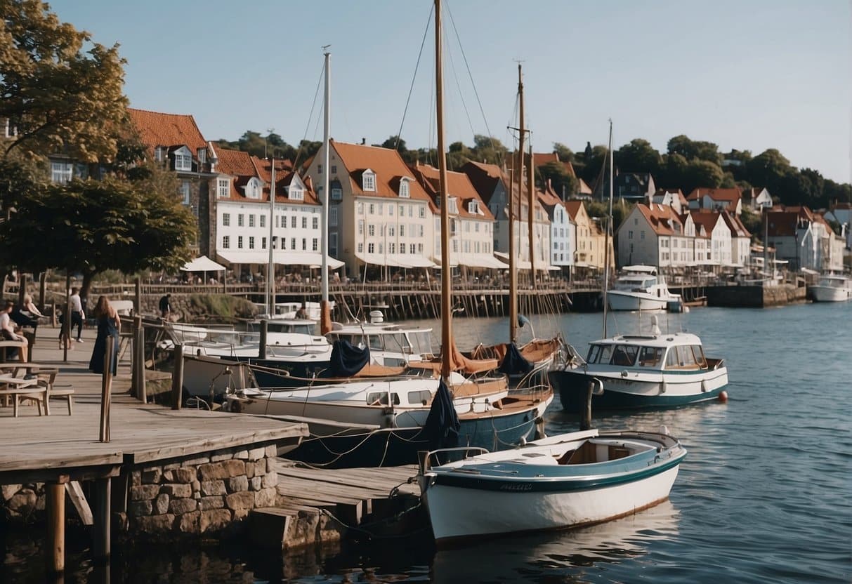 A bustling waterfront with charming historic buildings, outdoor dining, and a picturesque view of the harbor in Skælskør