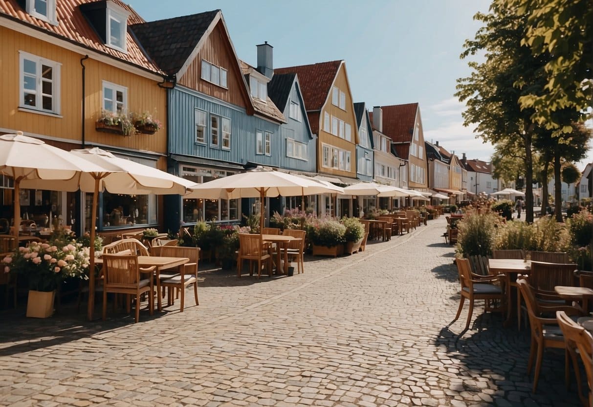 A quaint street in Skælskør lined with charming restaurants and cafes, with colorful outdoor seating and people enjoying delicious meals