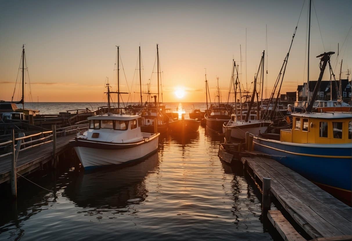 A seaside restaurant on Fyn, with colorful fishing boats docked nearby. The sun sets over the water, casting a warm glow on the rustic wooden tables and chairs