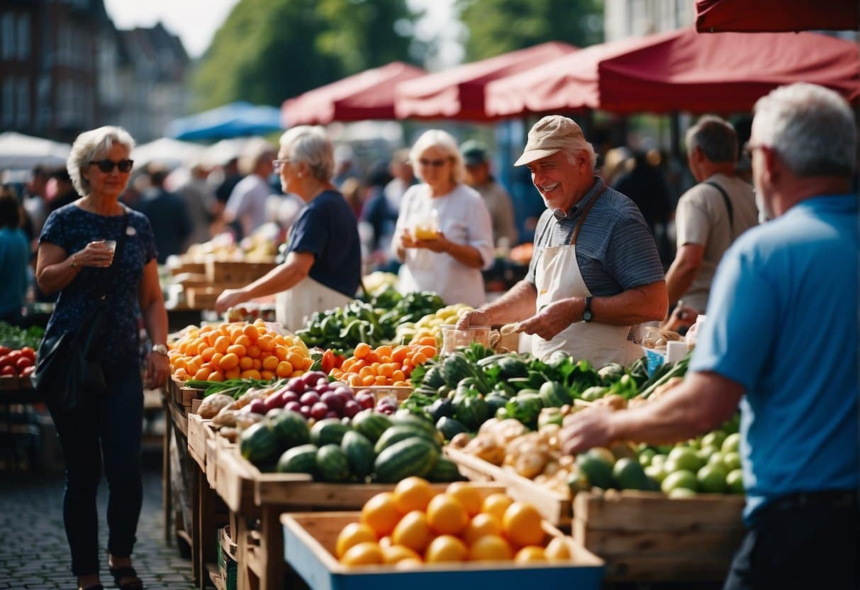 An outdoor market on Fyn, with colorful stalls selling regional delicacies and unique finds. People gather to sample food and chat with local vendors