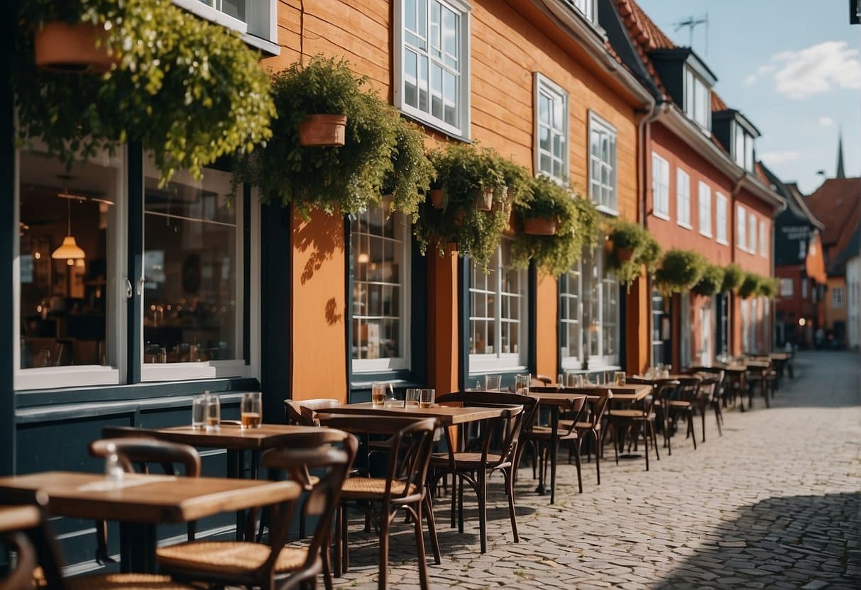 A bustling street in Roskilde, lined with charming restaurants and outdoor seating. The sun sets behind the historic buildings, casting a warm glow over the lively scene