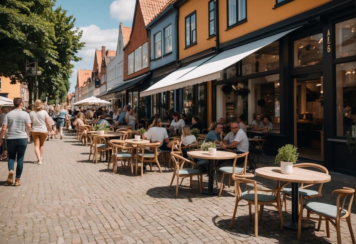 A bustling street in Roskilde, lined with charming restaurants and cafes. Colorful outdoor seating and people enjoying delicious meals