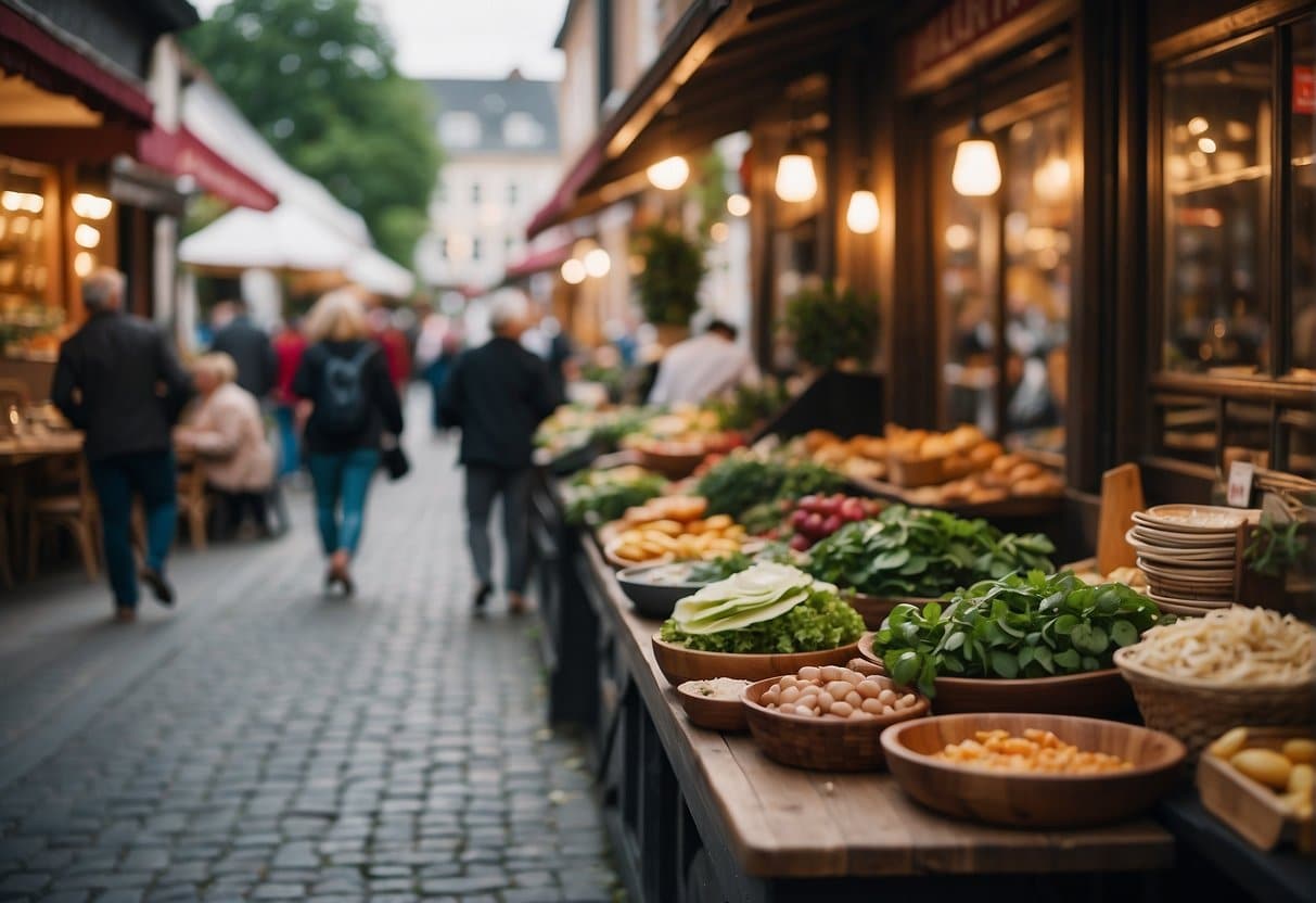 A bustling street lined with diverse restaurants, each with their own unique charm and cuisine. Aromas of sizzling meats, fresh herbs, and rich spices fill the air, enticing passersby to stop and savor the culinary delights of Kolding