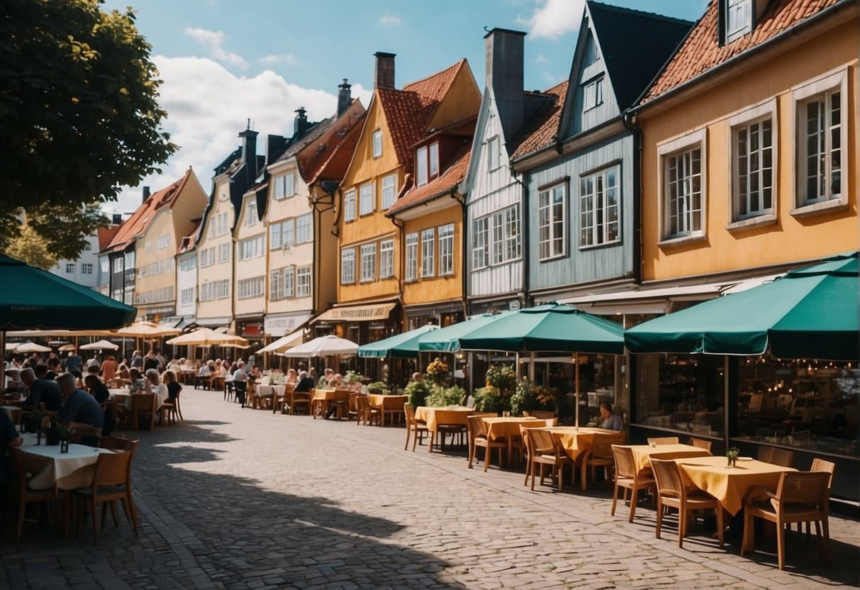 A bustling street lined with charming eateries in Kolding, Denmark, with colorful facades and inviting outdoor seating