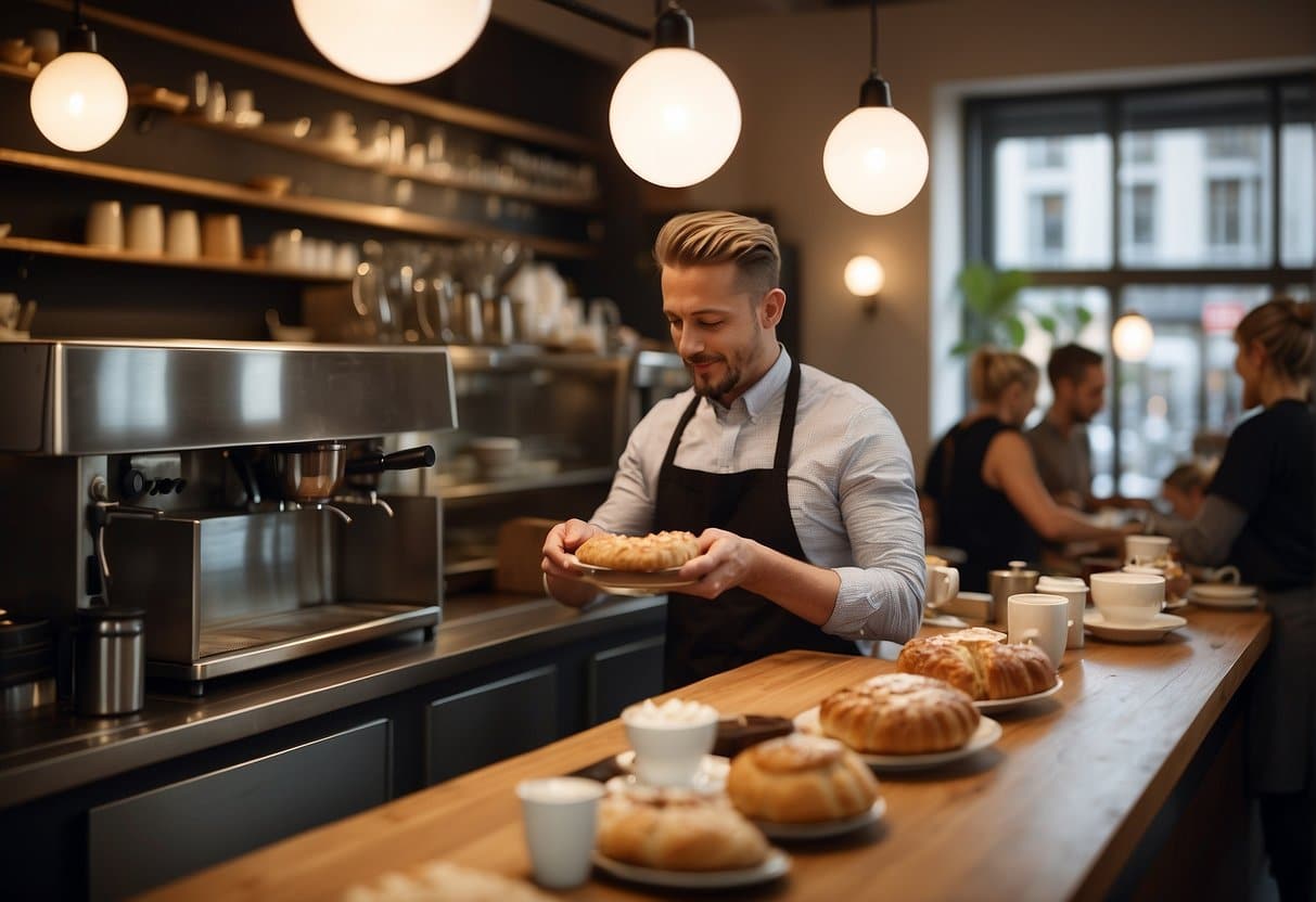 Customers enjoying coffee and pastries at cozy tables in a bustling café in Århus. A barista expertly crafts cappuccinos behind the counter