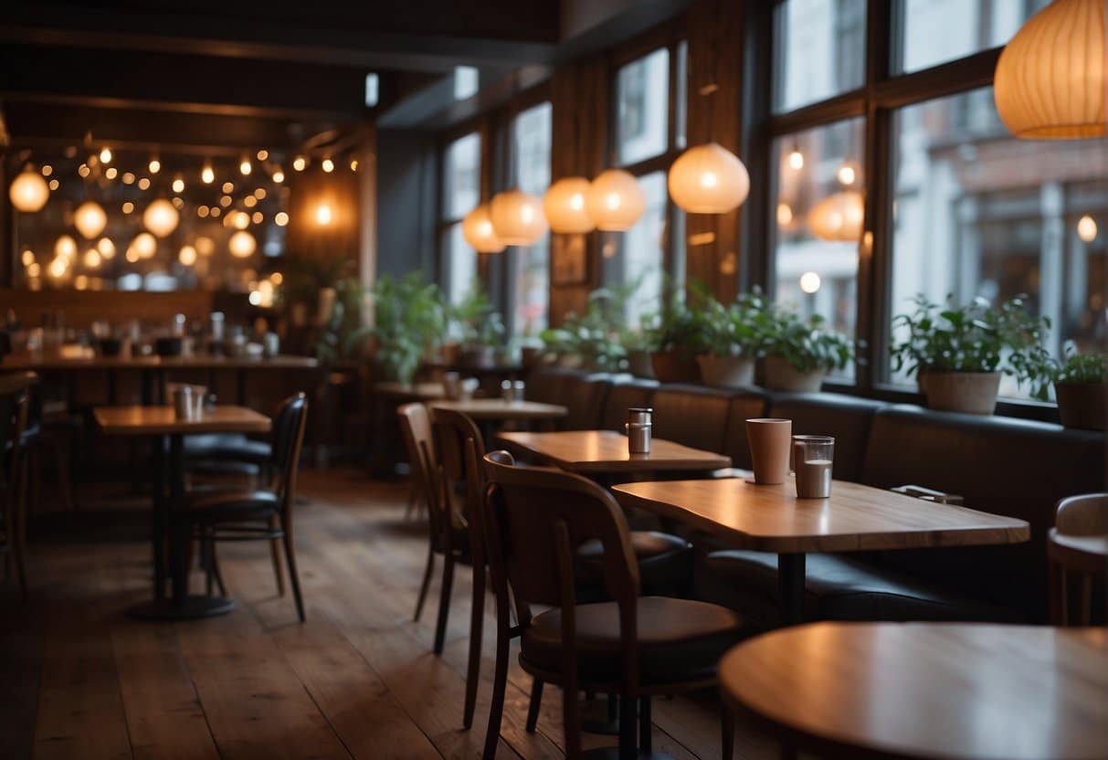 A cozy café in Aarhus with warm lighting, wooden furniture, and steaming cups of coffee on each table. Soft jazz music plays in the background, creating a relaxed and inviting atmosphere