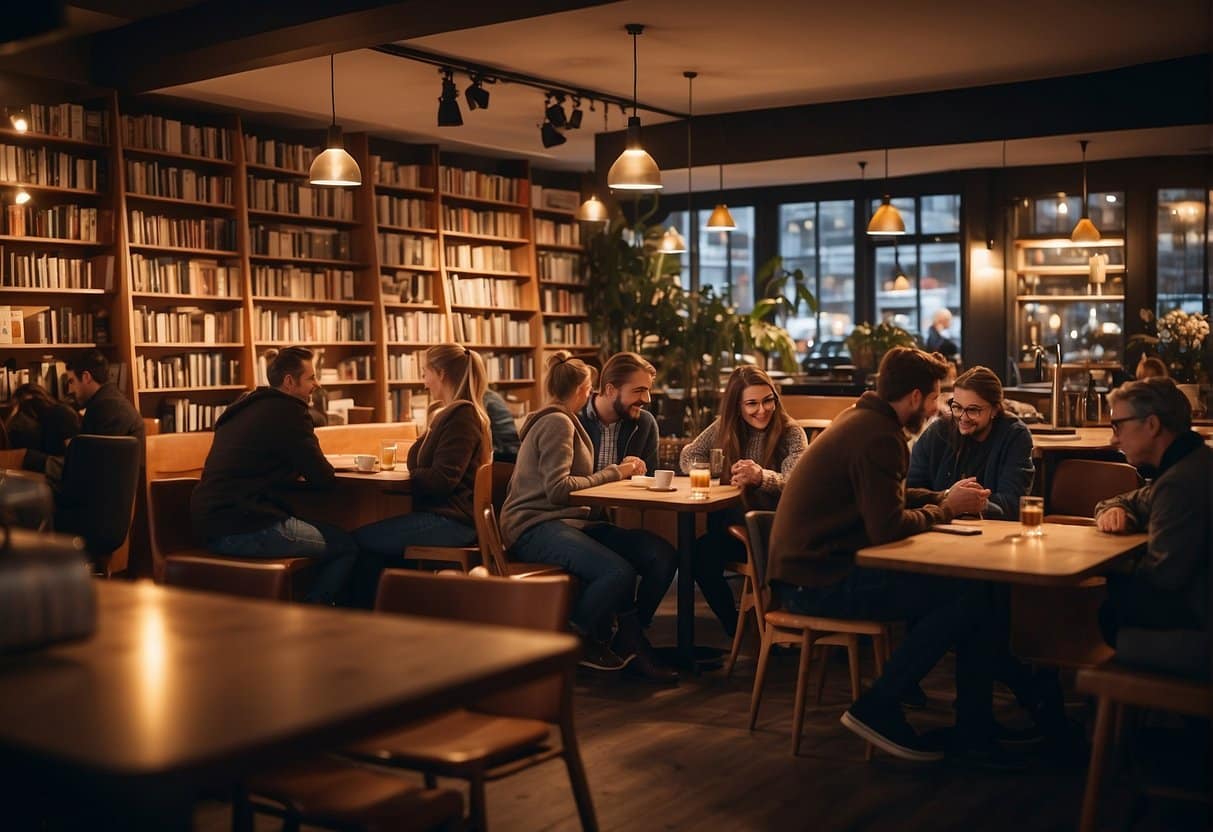 A cozy café in Aarhus with people studying and working, surrounded by books and laptops, with warm lighting and a relaxed atmosphere