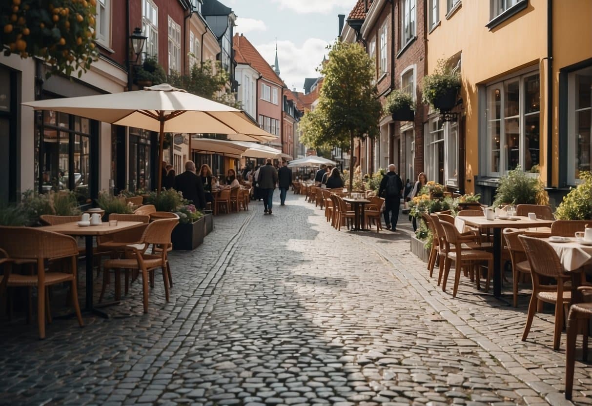 A bustling street in Aarhus, with charming cafes lining the cobblestone sidewalks, inviting patrons to enjoy coffee and pastries in a cozy atmosphere