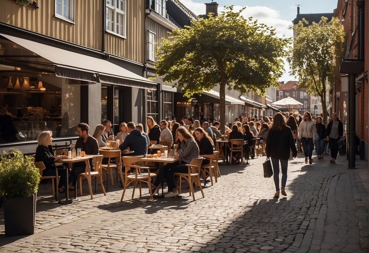 A bustling street in Aarhus with charming cafes and people enjoying coffee and pastries. The sun is shining, and the atmosphere is lively and inviting