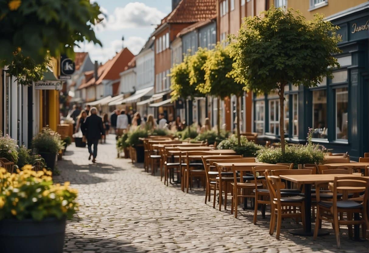 A bustling street in Køge lined with charming restaurants, each with outdoor seating and colorful umbrellas, as people enjoy delicious meals and lively conversation